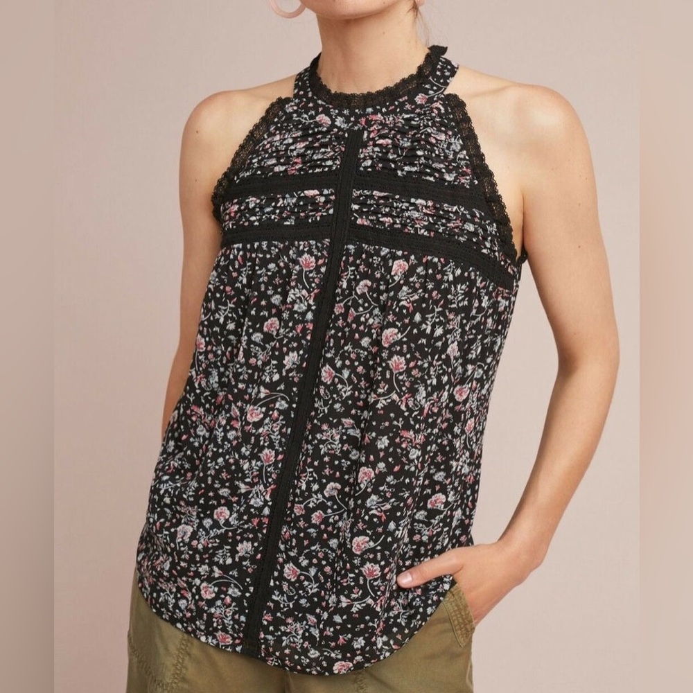 Maeve Anthropologie Black Floral Halter Top Lace Trim High Neck Small Sleeveless